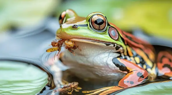 Une grenouille colorée attrape une proie dans sa bouche, illustrant comment arrive une grenouille dans un bassin.