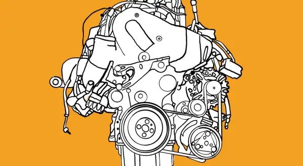 Stilisierte Zeichnung eines VW T6 Motors auf orangefarbenem Hintergrund.