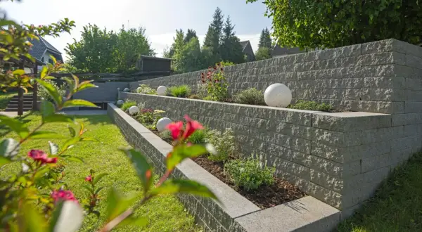 Moderne Gartenmauer mit Terrassierung und dekorativen Kugeln. Tolle Ideen für Gartenmauern, die Struktur und Stil verleihen.