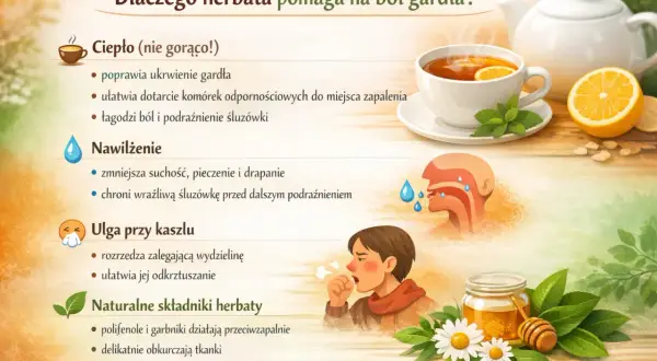 Ciepła herbata to idealna **jaka herbata na ból gardła** – łagodzi, nawilża i pomaga przy kaszlu dzięki naturalnym składnikom.