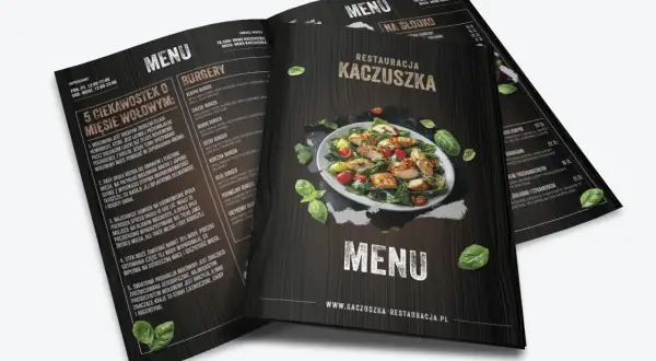 Menu restauracji Kaczuszka z opisem burgerów i deserów. Karta menu projektu zawiera apetyczne zdjęcia potraw.