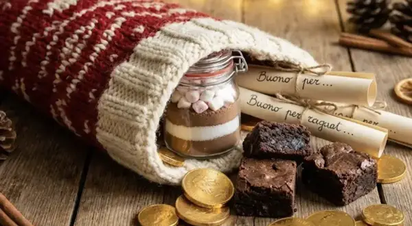 Un calzino natalizio pieno di dolcezze: cioccolata in barattolo, brownies e monete d'oro. Cosa si lascia alla Befana? Un pensiero goloso!