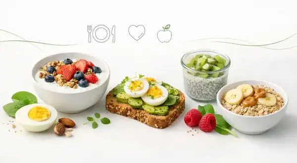 Zdrowe śniadanie: jogurt z owocami, kanapka z awokado i jajkiem, owsianka z bananem i nasiona chia z kiwi.