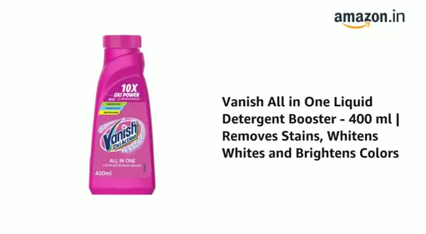 Różowa butelka Vanish Oxi Action z napisem "10X Oxi Power" i logo Amazon.