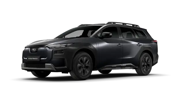 Mörkgrå Subaru E-Outback, en elbil. Inga synliga problem med denna Subaru Outback.
