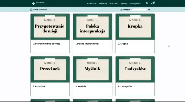 Moduły kursu: Przygotowanie do misji, Polska interpunkcja, Kropka, Przecinek, Myślnik, Cudzysłów.