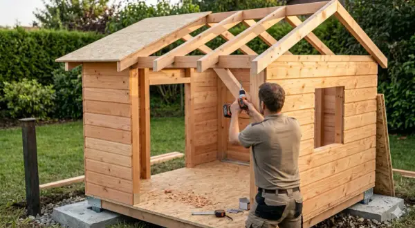Mann baut ein Spielhaus selber. Holzkonstruktion mit Dachsparren und Wänden wird mit Akkuschrauber montiert.