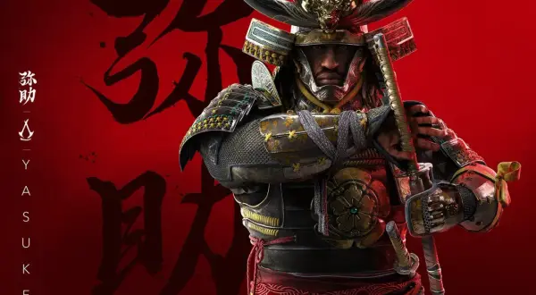 Yasuke, samuraj w zbroi, z kataną w dłoni, na tle czerwonych znaków.