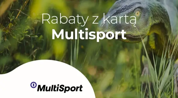 Model dinozaura w trawie z napisem "Rabaty z kartą Multisport".