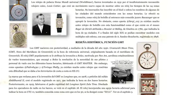 Relojes antiguos y modernos, incluyendo un reloj GMT que muestra múltiples zonas horarias, ideal para viajes.