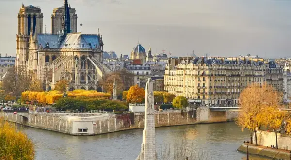 Vue panoramique de Paris en automne, avec la majestueuse Notre Dame de Paris dominant le paysage, bordée par la Seine et des arbres aux couleurs flamboyantes.
