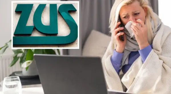 Kobieta chora, owinięta kocem, rozmawia przez telefon, obok logo ZUS. Kontrola ZUS L4.