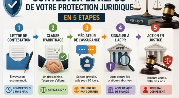 Infographie expliquant les 5 étapes pour contester un refus d'assurance, incluant une lettre réclamation assurance sinistre.