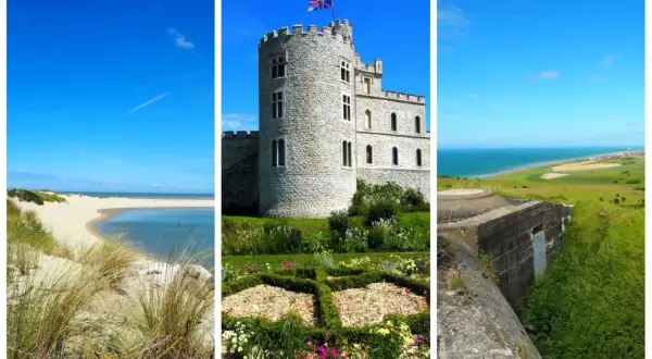 Paysages variés de la Côte d'Opale : dunes, château, et bunker surplombant la mer.