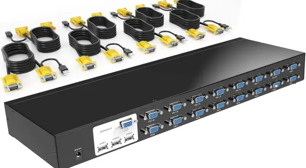 KVM Switch do zarządzania wieloma komputerami. Pokazuje, jak połączyć dwa laptopy i inne urządzenia do jednego monitora i klawiatury.