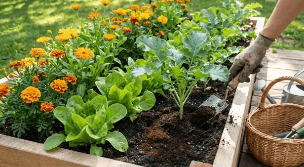 En hand med handske planterar i en upphöjd bädd med sallat och blommor. Kaffesump används som gödsel för att ge näring.