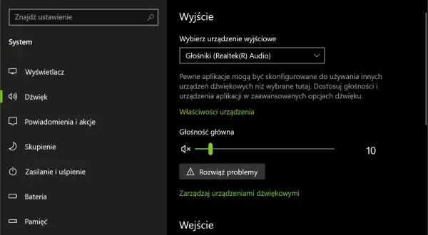 Ustawienia dźwięku w laptopie. Wybierz urządzenie wyjściowe, np. Głośniki (Realtek Audio), aby włączyć dźwięk. Dostosuj głośność główną.