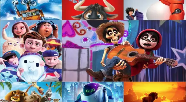 Kolaż z postaciami z filmów animowanych: WALL-E, Ferdinand, Wielka Szóstka, Coco, Ron Usterka, Madagaskar, Król Lew. Najlepsze bajki dla dzieci.