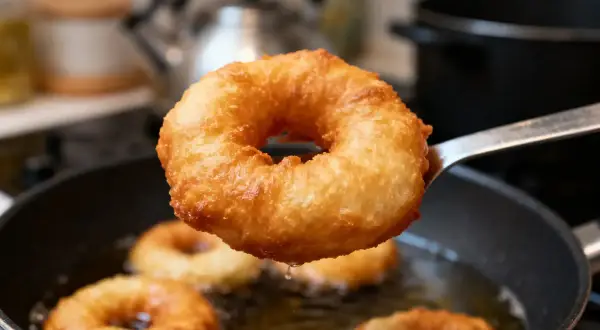 Un beignet doré, tout juste sorti de la friture, évoque la recette pâte à beignets de grand-mère. D'autres cuisent dans la poêle.
