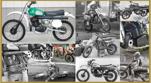 Kolaż zdjęć motocykli Husqvarna, od klasycznych modeli po wyścigowe maszyny.
