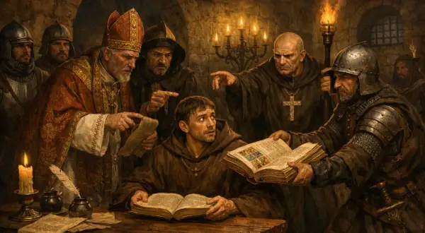 Biskup i mnisi dyskutują nad księgą, w mrocznym pomieszczeniu. Widać żołnierzy, świece i symbole religii.