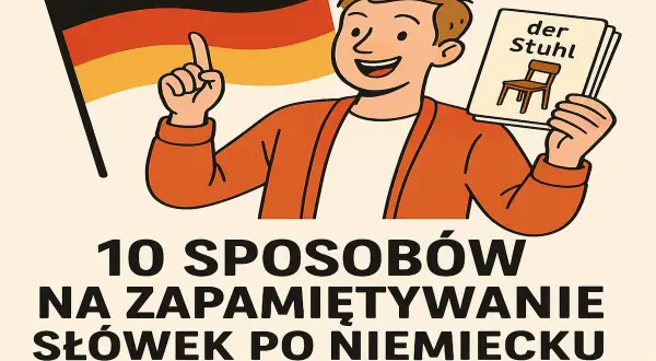 Chłopak z flagą Niemiec i kartą "der Stuhl" uczy się słówek po niemiecku. 10 sposobów na zapamiętywanie.
