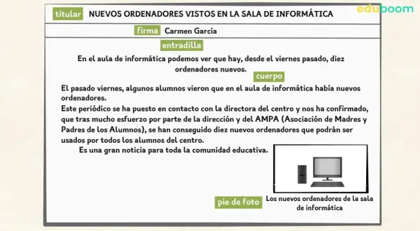 Noticia sobre nuevos ordenadores en el aula de informática, ideal para aprender como escribir una noticia para niños. Incluye foto.