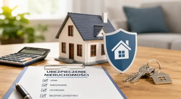 Model domu, tarcza z symbolem domu, klucze i kalkulator na biurku. Dokument "Ubezpieczenie nieruchomości" sugeruje, że ubezpieczenie mieszkania cena jest kluczowym elementem.