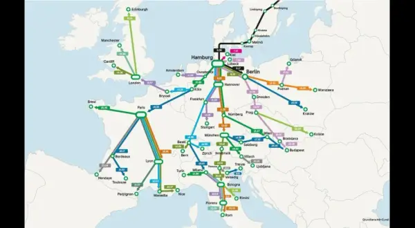 En tågkarta över Europa visar resor mellan städer som London, Paris, Berlin och Rom.