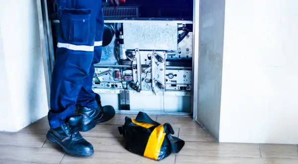 Tecnico ripara un ascensore guasto, impedendo l'accesso ai disabili. La borsa degli attrezzi è a terra.