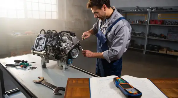 Mécanicien travaillant sur un moteur, peut-être pour une suppression vanne egr. Outils et manuel à portée de main.