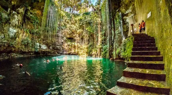 Vista interior del cenote Chichén Itzá, con escaleras de piedra y nadadores en sus aguas turquesas, rodeado de vegetación colgante.