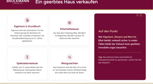 Ein geerbtes Haus verkaufen: Erbschafts- und Spekulationssteuer beachten. Oft ist der Verkauf steuerfrei, z.B. nach 10 Jahren Besitz.