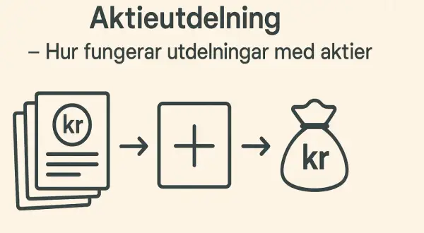 Grafisk illustration som visar hur aktieutdelning fungerar: aktier med "kr" leder till en summa pengar i en säck.