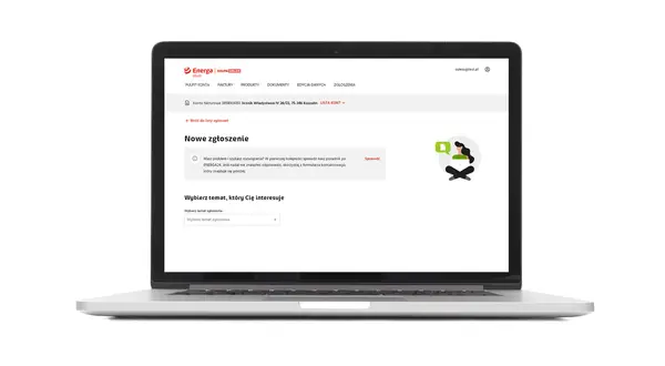 Laptop z otwartą stroną internetową Energa, widok panelu klienta z opcjami zgłoszeń.