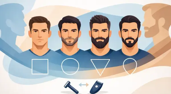 Quatre hommes présentent différents styles de barbe, du rasage net à la barbe basse. Des formes géométriques et des outils de rasage illustrent les options.