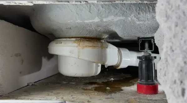 Undichter Duschabfluss mit Wasserflecken. Zeit, den abfluss dusche undicht reparieren.