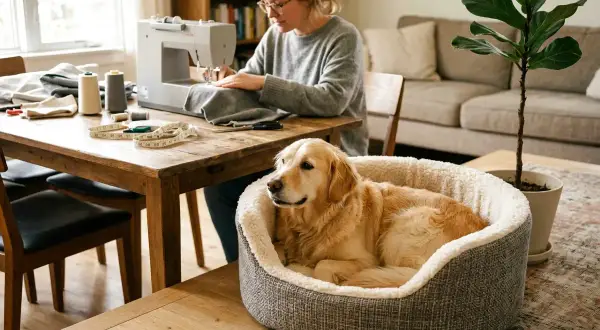 Złoty retriever leży w wygodnym legowisku, podczas gdy kobieta szyje przy stole.