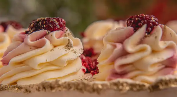 Deliziosi torte gelato e semifreddi decorati con crema rosa e gialla, lamponi e polvere dorata.