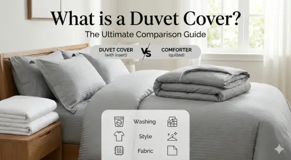 A neatly made bed with grey striped bedding. Text asks "What is a duvet cover?" and compares it to a comforter, detailing washing, style, and fabric.
