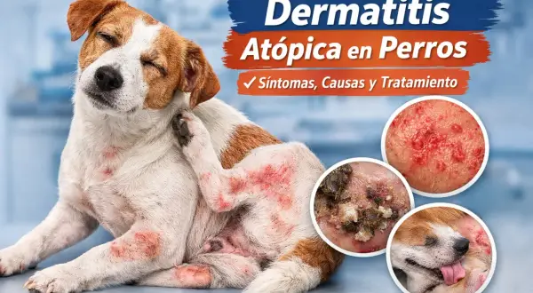 Perro con dermatitis atópica, sufriendo de picores intensos y enrojecimiento en la piel. Se muestran detalles de la afección.