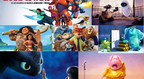 Collage de películas animadas: Grandes Héroes, Moana, Zootopia, Wall-E, Monsters, Inc. y Cómo entrenar a tu dragón. ¡Perfectas peliculas para niños de primaria!