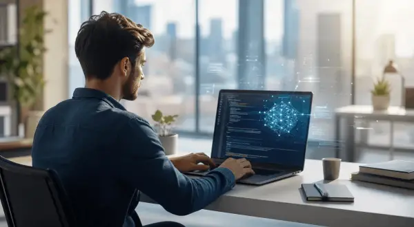 Młody programista na stażu pracuje przy laptopie, na ekranie którego widać kod i wizualizację sieci neuronowej.