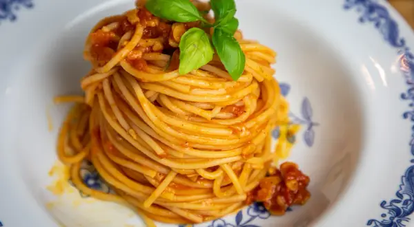 En portion spaghetti med en smakrik tomatsås, perfekt för ett enkelt pasta pomodoro recept. Garnerad med färsk basilika.