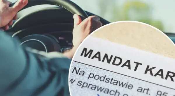 Kierowca trzyma kierownicę, a obok dokument z napisem "Mandat". Sytuacja sugeruje odmowa przyjęcia mandatu.