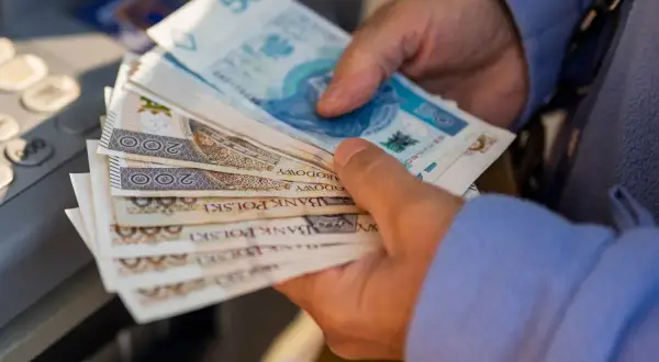 Ręce trzymające polskie banknoty, w tym 50 i 200 zł. Czy to kwota, która pomoże ustalić, ile wynosi renta alkoholowa?