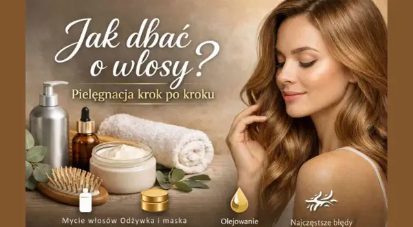 Kobieta z lśniącymi włosami i kosmetykami do pielęgnacji. Poradnik: kolejność nakładania kosmetyków na włosy, od mycia po olejowanie.