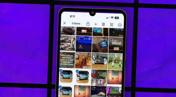Phone screen showing photos, with a guide on how to move photos from phone to Google Drive.