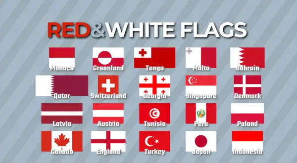 Bandiera bianca e rossa mare: un collage di bandiere nazionali, tra cui Monaco, Tonga, Malta, Bahrain, Qatar, Svizzera, Georgia, Singapore, Danimarca, Lettonia, Austria, Tunisia, Perù, Polonia, Canada, Inghilterra, Turchia, Giappone, Indonesia.