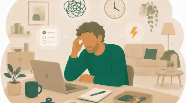 Man med ADHD kämpar med att hantera utbrott. Tankar om oordning, tid och energi cirkulerar.